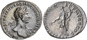 Hadrian, 117-138. Denarius (Silver, 19 mm, 3.27 g, 7 h), Rome, 117. IMP CAES TRAIAN HADRIANO AVG DIVI TRA Laureate head of Hadrian to right, with slig...