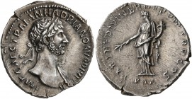 Hadrian, 117-138. Denarius (Silver, 19 mm, 3.35 g, 7 h), Rome, 117. IMP CAES TRAIAN HADRIANO AVG DIVI TRA Laureate head of Hadrian to right, with slig...
