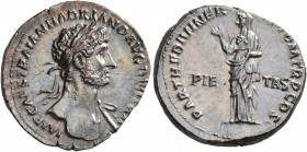 Hadrian, 117-138. Denarius (Silver, 19 mm, 3.45 g, 7 h), Rome, 117. IMP CAES TRAIAN HADRIANO AVG DIVI TRA Laureate head of Hadrian to right, with slig...