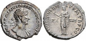 Hadrian, 117-138. Denarius (Silver, 19 mm, 3.06 g, 7 h), Rome, 117. IMP CAES TRAIAN HADRIANO AVG DIVI TRA Laureate head of Hadrian to right, with slig...