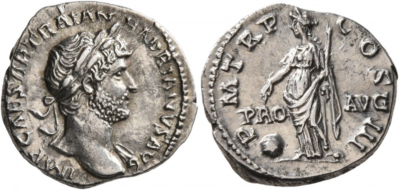 Hadrian, 117-138. Denarius (Silver, 18 mm, 3.47 g, 6 h), Rome, 119-122. IMP CAES...