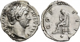 Hadrian, 117-138. Denarius (Silver, 18 mm, 3.23 g, 7 h), Rome, 125-128. HADRIANVS AVGVSTVS Laureate head of Hadrian to right, with slight drapery on h...