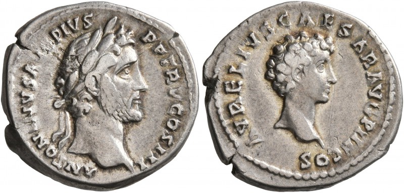 Antoninus Pius, with Marcus Aurelius as Caesar, 138-161. Denarius (Silver, 17 mm...