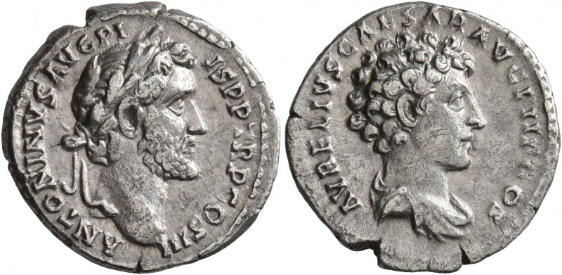 Antoninus Pius, with Marcus Aurelius as Caesar, 138-161. Denarius (Silver, 18 mm...