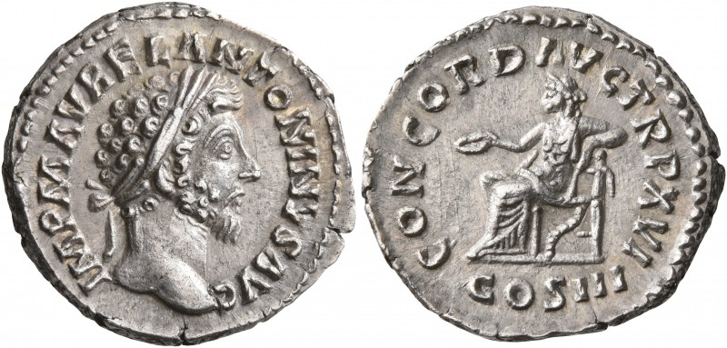 Marcus Aurelius, 161-180. Denarius (Silver, 18 mm, 3.37 g, 5 h), Rome, December ...