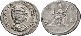 Julia Domna, Augusta, 193-217. Denarius (Silver, 19 mm, 2.89 g, 1 h), Rome, 211-217. IVLIA PIA FELIX AVG Draped bust of Julia Domna to right. Rev. VES...