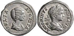 Julia Domna, with Caracalla, Augusta, 193-217. Denarius (Silver, 19 mm, 3.15 g, 1 h), Rome, 201. IVLIA AVGVSTA Draped bust of Julia Domna to right. Re...