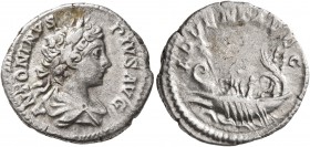 Caracalla, 198-217. Denarius (Silver, 19 mm, 3.22 g, 12 h), Rome, 201-206. ANTONINVS PIVS AVG Laureate and draped bust of Caracalla to right, seen fro...