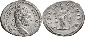Caracalla, 198-217. Denarius (Silver, 19 mm, 3.14 g, 7 h), Rome, 210-213. ANTONINVS PIVS AVG BRIT Laureate head of Caracalla to right. Rev. FIDEI EXER...