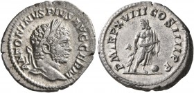 Caracalla, 198-217. Denarius (Silver, 19 mm, 3.26 g, 7 h), Rome, 215. ANTONINVS PIVS AVG GERM Laureate head of Caracalla to right. Rev. P M TR P XVIII...