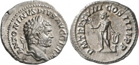Caracalla, 198-217. Denarius (Silver, 19 mm, 3.27 g, 1 h), Rome, 215. ANTONINVS PIVS AVG GERM Laureate head of Caracalla to right. Rev. P M TR P XVIII...