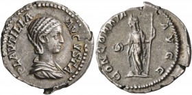 Plautilla, Augusta, 202-205. Denarius (Silver, 19 mm, 3.38 g, 6 h), Rome. PLAVTILLA AVGVSTA Draped bust of Plautilla to right. Rev. CONCORDIA AVGG Con...