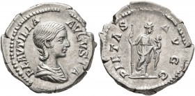 Plautilla, Augusta, 202-205. Denarius (Silver, 19 mm, 3.64 g, 12 h), Rome. PLAVTILLA AVGVSTA Draped bust of Plautilla to right. Rev. PIETAS AVGG Pieta...