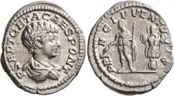 Geta, as Caesar, 198-209. Denarius (Silver, 20 mm, 3.16 g, 12 h), Rome, 200-202. P SEPT GETA CAES PONT Bare-headed and draped bust of Geta to right, s...