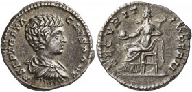 Geta, as Caesar, 198-209. Denarius (Silver, 19 mm, 3.49 g, 6 h), Rome, 200-202. P SEPT GETA CAES PONT Bare-headed, draped and cuirassed bust of Geta t...