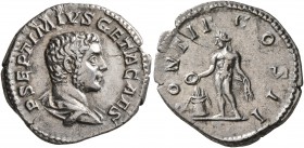 Geta, as Caesar, 198-209. Denarius (Silver, 18 mm, 3.16 g, 10 h), Rome, early 209. P SEPTIMIVS GETA CAES Bare-headed and draped bust of Geta to right,...
