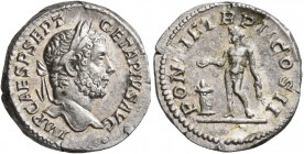 Geta, 209-211. Denarius (Silver, 18 mm, 3.82 g, 6 h), Rome, 210. IMP CAES P SEPT GETA PIVS AVG Laureate head of Geta to right. Rev. PONTIF TR P II COS...