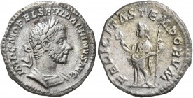 Macrinus, 217-218. Denarius (Silver, 19 mm, 2.85 g, 6 h), Rome, spring-summer 217. IMP C M OPEL SEV MACRINVS AVG Laureate and cuirassed bust of Macrin...