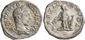 Elagabalus, 218-222. Denarius (Silver, 19 mm, 3.05 g, 6 h), Rome, 219. IMP ANTONINVS AVG Laureate and draped bust of Elagabalus to right, seen from be...