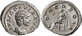 Julia Paula, Augusta, 219-220. Denarius (Silver, 20 mm, 2.85 g, 11 h), Rome. IVLIA PAVLA AVG Draped bust of Julia Paula to right. Rev. CONCORDIA Conco...