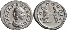Julia Paula, Augusta, 219-220. Denarius (Silver, 21 mm, 3.04 g, 5 h), Rome. IVLIA PAVLA AVG Draped bust of Julia Paula to right. Rev. CONCORDIA Julia ...