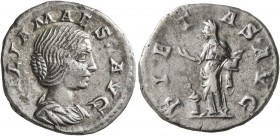 Julia Maesa, Augusta, 218-224/5. Denarius (Silver, 18 mm, 2.83 g, 5 h), Rome. IVLIA MAESA AVG Draped bust of Julia Maesa to right. Rev. PIETAS AVG Pie...