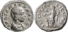 Julia Maesa, Augusta, 218-224/5. Denarius (Silver, 19 mm, 3.25 g, 7 h), Rome, 220-222. IVLIA MAESA AVG Draped bust of Julia Maesa to right. Rev. SAECV...