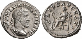 Maximinus I, 235-238. Denarius (Silver, 19 mm, 3.24 g, 5 h), Rome, 235-236. IMP MAXIMINVS PIVS AVG Laureate, draped and cuirassed bust of Maximinus I ...