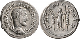 Maximinus I, 235-238. Denarius (Silver, 20 mm, 2.96 g, 1 h), Rome, 236. IMP MAXIMINVS PIVS AVG Laureate, draped and cuirassed bust of Maximinus I to r...