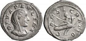 Diva Paulina, died before 235. Denarius (Silver, 21 mm, 2.96 g, 5 h), Rome. DIVA PAVLINA Veiled and draped bust of Diva Paulina to right. Rev. CONSECR...