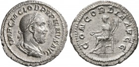 Pupienus, 238. Denarius (Silver, 20 mm, 1.54 g, 1 h), Rome. IMP C M CLOD PVPIENVS AVG Laureate, draped and cuirassed bust of Pupienus to right, seen f...