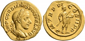 Gordian III, 238-244. Aureus (Gold, 21 mm, 4.54 g, 7 h), Rome, 243. IMP GORDIANVS PIVS FEL AVG Laureate, draped and cuirassed bust of Gordian III to r...
