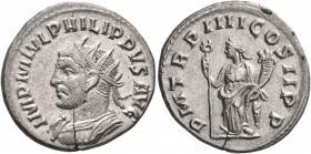 Philip I, 244-249. Antoninianus (Silver, 21 mm, 4.43 g, 12 h), Antiochia, 247. IMP M IVL PHILIPPVS AVG Radiate and cuirassed bust of Philip I to left....