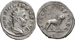 Philip I, 244-249. Antoninianus (Silver, 23 mm, 3.29 g, 8 h), Rome, 248. IMP PHILIPPVS AVG Radiate, draped and cuirassed bust of Philip I to right, se...