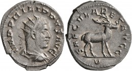 Philip I, 244-249. Antoninianus (Silver, 22 mm, 3.78 g, 7 h), Rome, 248. IMP PHILIPPVS AVG Radiate, draped and cuirassed bust of Philip I to right, se...