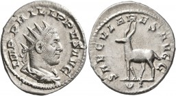 Philip I, 244-249. Antoninianus (Silver, 23 mm, 4.05 g, 6 h), Rome, 248. IMP PHILIPPVS AVG Radiate, draped and cuirassed bust of Philip I to right, se...