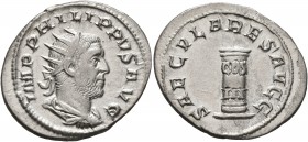 Philip I, 244-249. Antoninianus (Silver, 23 mm, 4.11 g, 7 h), Rome, 248. IMP PHILIPPVS AVG Radiate, draped and cuirassed bust of Philip I to right, se...