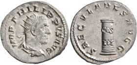 Philip I, 244-249. Antoninianus (Silver, 23 mm, 4.46 g, 2 h), Rome, 248. IMP PHILIPPVS AVG Radiate, draped and cuirassed bust of Philip I to right, se...