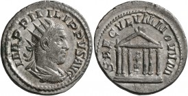 Philip I, 244-249. Antoninianus (Silver, 22 mm, 4.28 g, 1 h), Rome, 248. IMP PHILIPPVS AVG Radiate, draped and cuirassed bust of Philip I to right, se...