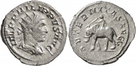 Philip I, 244-249. Antoninianus (Silver, 23 mm, 4.01 g, 1 h), Rome, 248. IMP PHILIPPVS AVG Radiate, draped and cuirassed bust of Philip I to right, se...