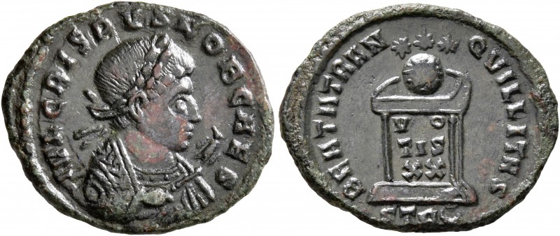 Crispus, Caesar, 316-326. Follis (Bronze, 21 mm, 2.63 g, 6 h), Treveri, 323. IVL...