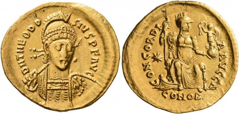 Theodosius II, 402-450. Solidus (Gold, 22 mm, 4.44 g, 7 h), Constantinopolis, 39...