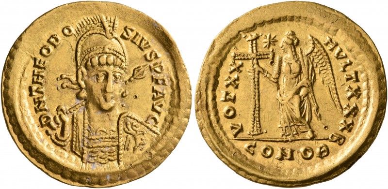 Theodosius II, 402-450. Solidus (Gold, 22 mm, 4.48 g, 1 h), Constantinopolis, 42...