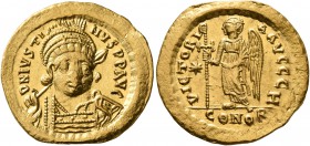 Justin I, 518-527. Solidus (Gold, 21 mm, 4.42 g, 6 h), Constantinopolis, 518-519. D N IVSTINVS P P AVG Pearl-diademed, helmeted and cuirassed bust of ...