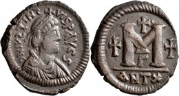 Justin I, 518-527. Follis (Bronze, 33 mm, 16.02 g, 7 h), Antiochia. D N IV STIN SVIS P AVC S Diademed and draped bust of Justin I to right. Rev. Large...