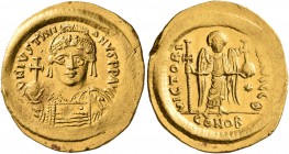 Justinian I, 527-565. Solidus (Gold, 22 mm, 4.50 g, 6 h), Constantinopolis, circa 538-545. D N IVSTINIANVS P P AVG Helmeted and cuirassed bust of Just...