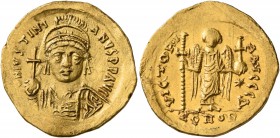 Justinian I, 527-565. Solidus (Gold, 20 mm, 4.27 g, 6 h), Constantinopolis, circa 538-545. D N IVSTINIANVS P P AVG Helmeted and cuirassed bust of Just...