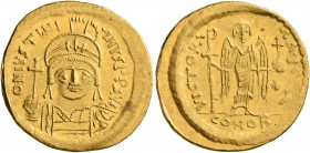 Justinian I, 527-565. Solidus (Gold, 21 mm, 4.44 g, 6 h), Constantinopolis, 545-565. D N IVSTINIANVS P P AVI Helmeted and cuirassed bust of Justinian ...