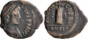 Justinian I, 527-565. Dekanummium (Bronze, 23 mm, 3.89 g, 6 h), Antiochia, 527/8. [ D N IVSTINI]ANVS P P AVG Diademed, draped and cuirassed bust of Ju...