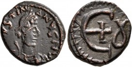 Justinian I, 527-565. Pentanummium (Bronze, 15 mm, 2.26 g, 6 h), Theoupolis (Antiochia), circa 546-551. D N IVSTINIANVS AVG Diademed, draped, and cuir...